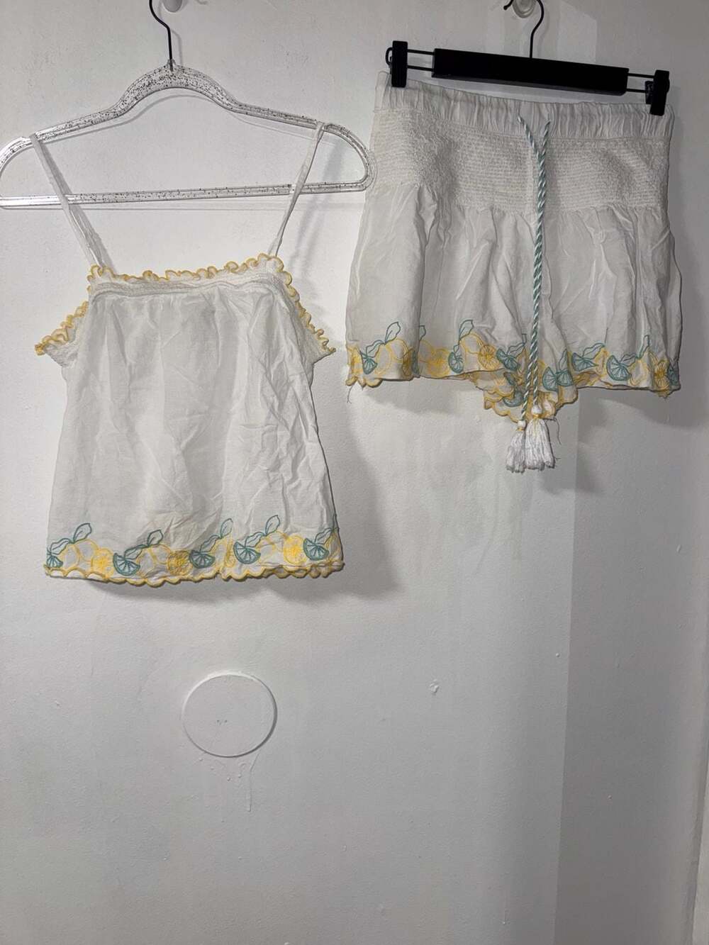 Joie White Lemon Embroidered Camisole Tank Top and Shorts Matching Set